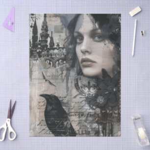 Vintage-Goth-Girl- und Raben-Decoupage Seidenpapier