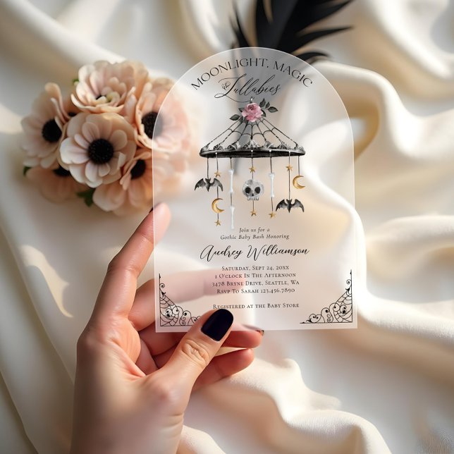 Vintage Gothic Halloween Mobile Spooky Baby Dusche Acryleinladungen (Vintage Gothic Halloween Mobile Spooky Baby Shower Acrylic Invitations)