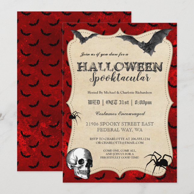 Vintage gotische Halloween-Fledermäuse-Party Einla Einladung (Vorne/Hinten)