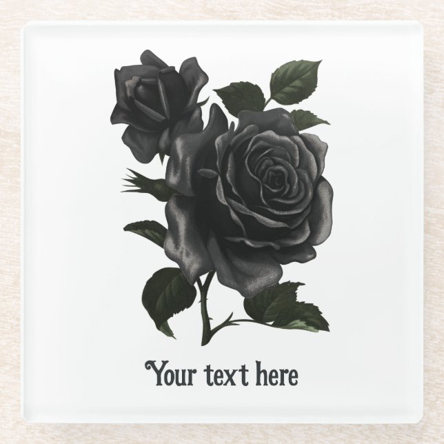 Vintage gotische schwarze Rose Personalisiert Glasuntersetzer (Vorderseite)