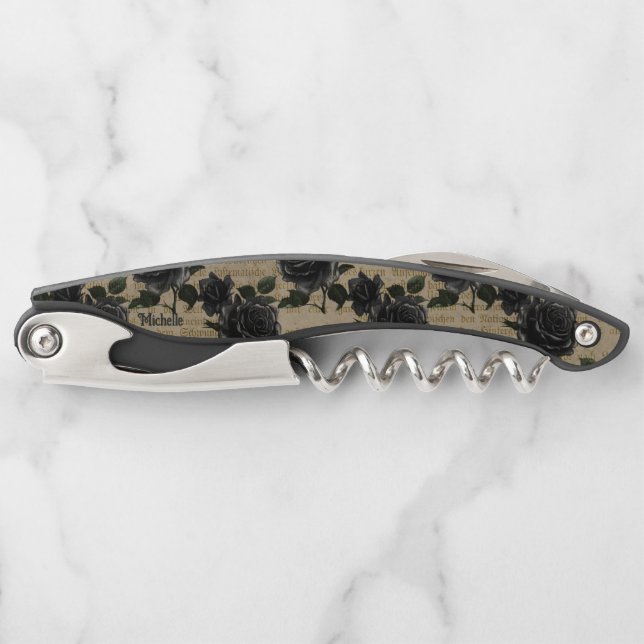 Vintage gotische schwarze Rose Personalisiert Kellnermesser (Vorderseite)