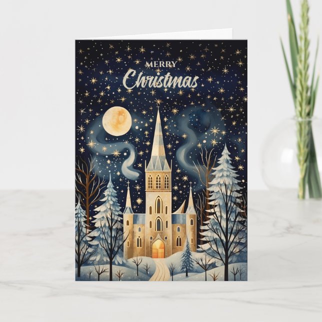 Vintage Gouache Styling Winterkirche Weihnachten (Vorderseite)