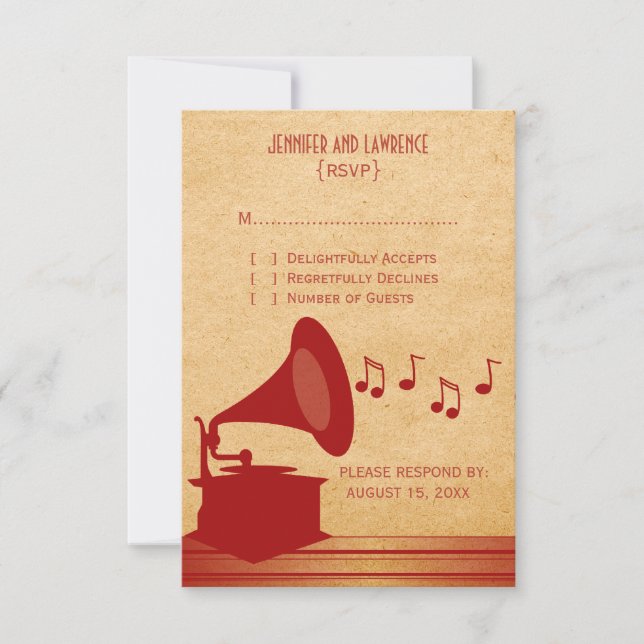 Vintage Gramophon-Ansprechkarte Rot RSVP Karte (Vorderseite)