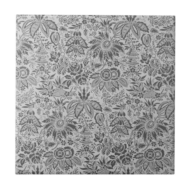Vintage graue Blumen Blumenmuster Fliese (Vorderseite)