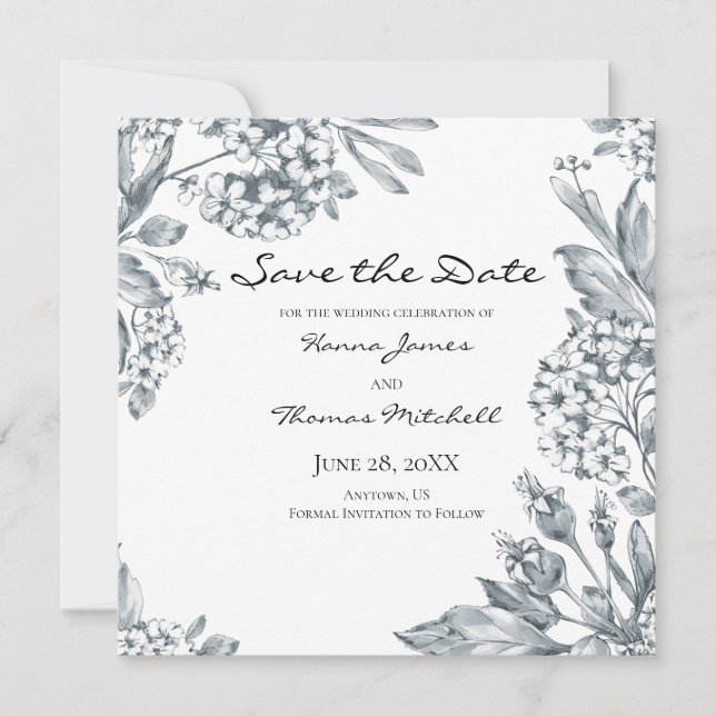 Vintage graue Botanische Blumenhochzeit Save The Date (Vorderseite)