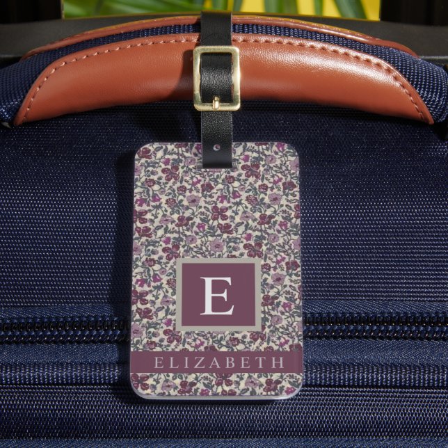 Vintage, graue, dunkelviolette Blumen Gepäckanhänger (Vorderseite Insitu 2)