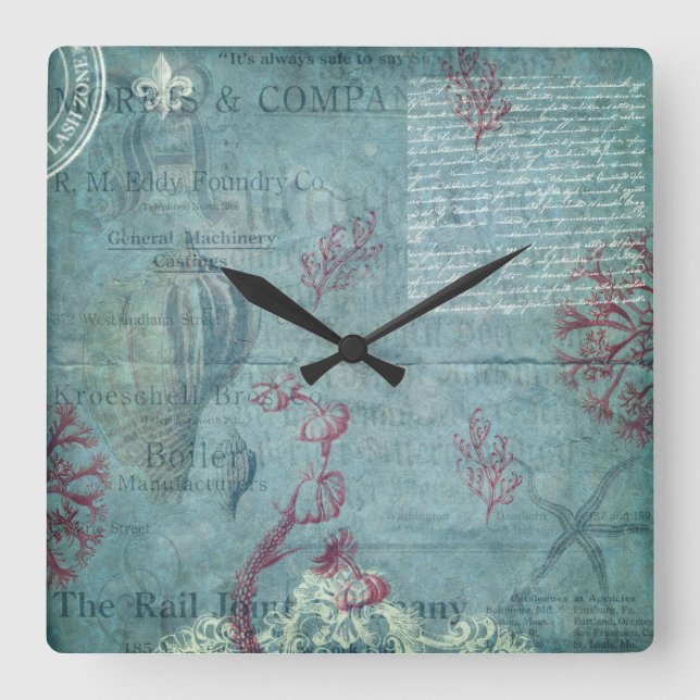 Vintage, gravierte Seashell-Wall-Uhr Quadratische Wanduhr (Vorderseite)