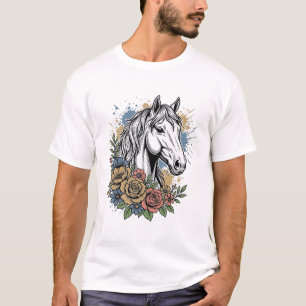 Vintage graviertes Pferd-Blumen-Vektor-Shirt-Desig T-Shirt