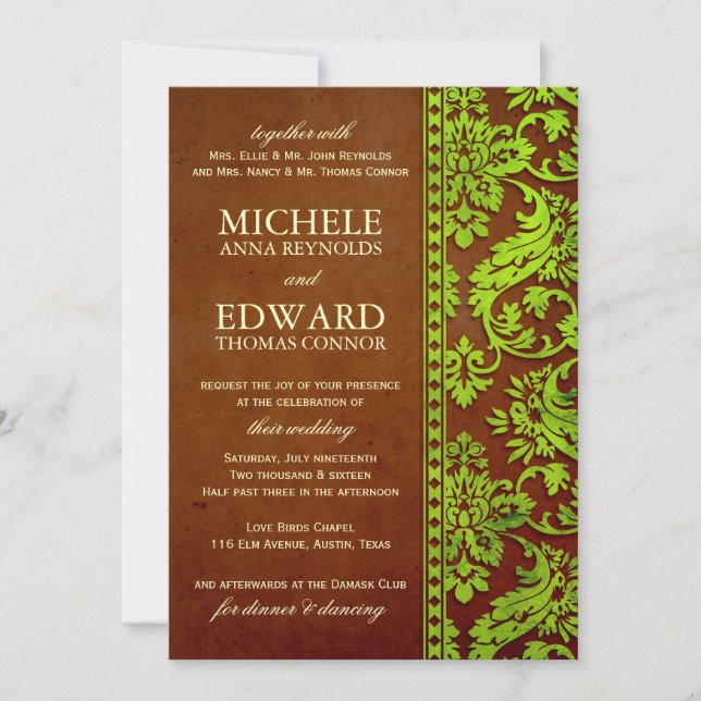 Vintage Green & Brown Damask Hochzeit Einladung (Vorderseite)