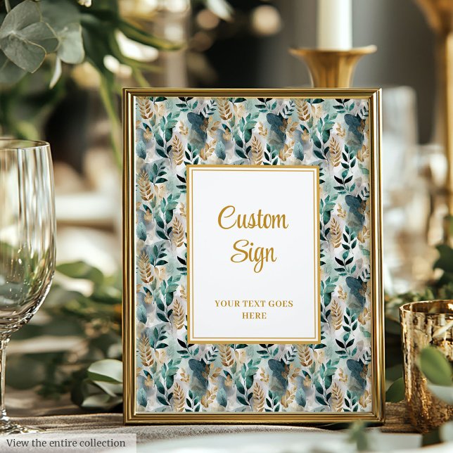 Vintage Green Gold-Blätter mit benutzerdefiniertem Poster (Vintage Deep Green Gold Leaves Wedding Custom Sign)