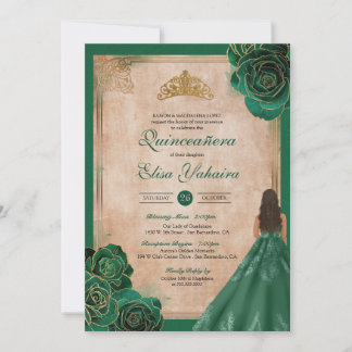Vintage Green Gold Rose Elegante Royal Quinceanera Einladung