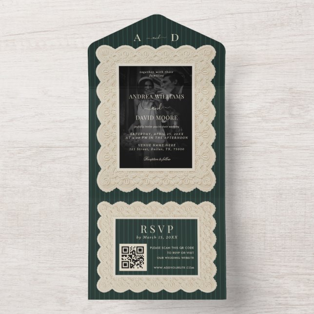 Vintage Green Lace Wedding All In One Einladung (Innen Boden)