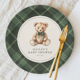 Vintage Green Tartan Teddy Bear Baby Shower Pappteller