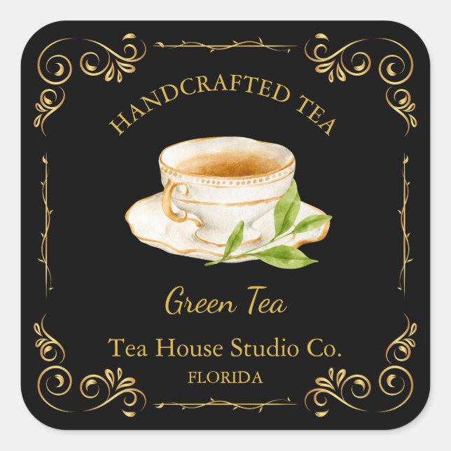 Vintage Green Tea Square Label Quadratischer Aufkleber (Vorderseite)