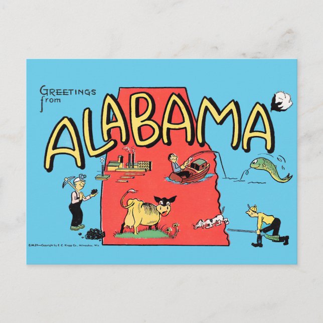 Vintage Greetings from Alabama Cartoon Map Art Postkarte (Vorderseite)