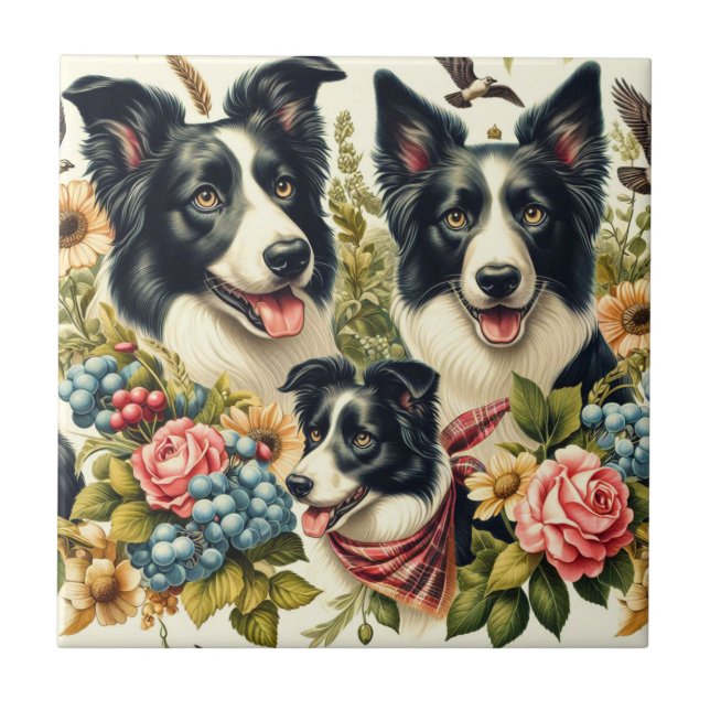 Vintage Grenz-Collie-Illustration Fliese (Vorderseite)