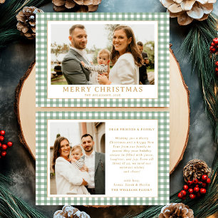 Vintage-Grün-Gingham-Karo-Weihnachtsfoto Feiertagskarte