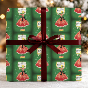 Vintage Grün Rotes Glamour-Christm Mädchen-Rahmen Geschenkpapier