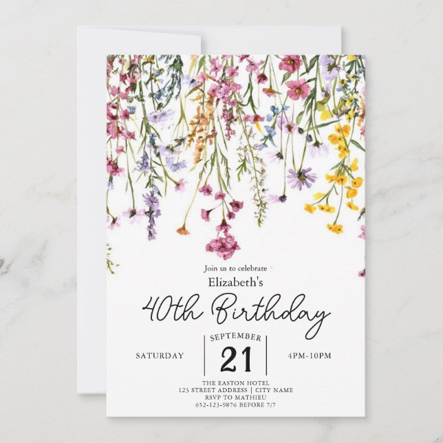 Vintage Grünanlagen Wildblumen 40. Geburtstag Einladung (Vorderseite)