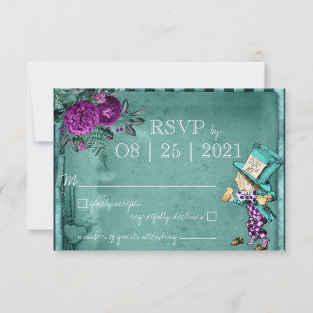 Vintage grüne Alice im Wunderland Hochzeit RSVP (Vorderseite)