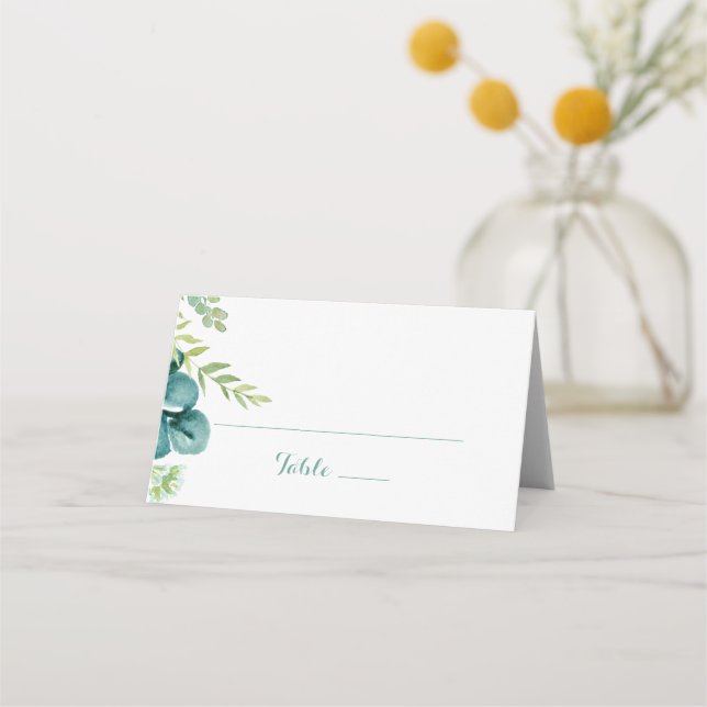 Vintage Grüne Eukalyptus-Kalligrafie-Hochzeit Platzkarte (Vorderseite)