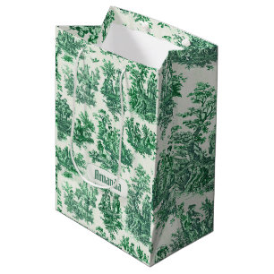 Vintage grüne Floral Toile Jouy Monogramm Mittlere Geschenktüte