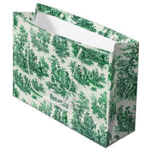 Vintage grüne florale Toile Jouy Monogramm Große Geschenktüte