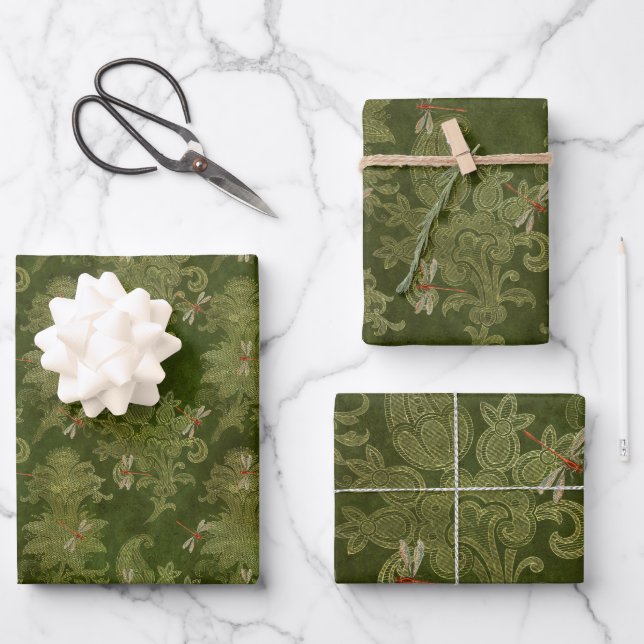 Vintage grüne Libellen Geschenkpapier Set (Vorderseite)