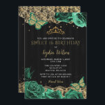Vintage grüne Rose Black Gold Lace Sweet 16 Einladung<br><div class="desc">Elegante Vintage Smaragdgrüne Rose Schmetterlinge Schwarze goldene Spitzen Sweet 16 Geburtstag Einladung</div>