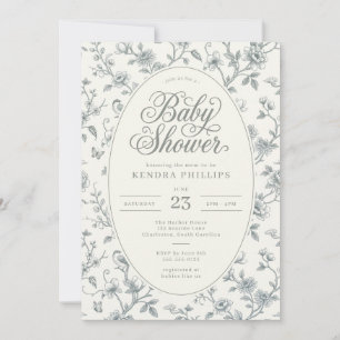Vintage-Grüne-Toile-Blumen-Baby-Party Einladung