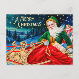 Vintage Grüner Weihnachtsmann-Schlitten Sternennac Postkarte