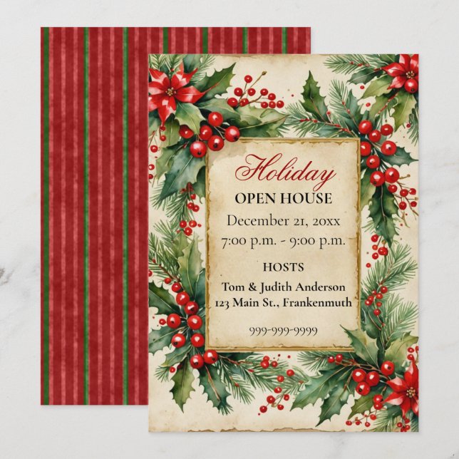 Vintage Grüntöne Einladung zum Holiday Open House (Vorne/Hinten)