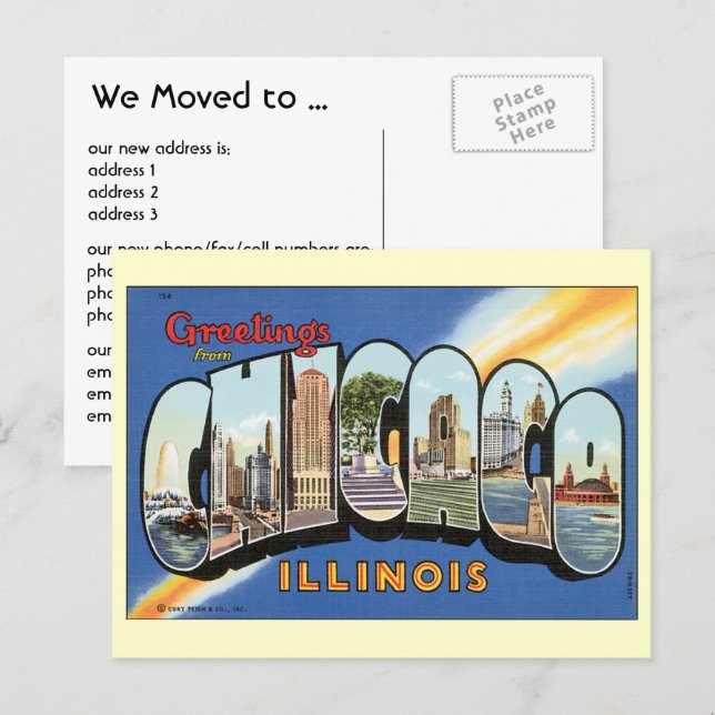 Vintage Grüße aus Chicago, Adressenänderung Ankündigungspostkarte (Vorne/Hinten)