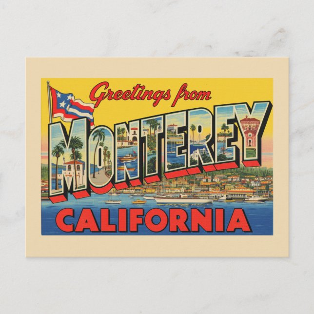 Vintage "Grüße aus Monterey, Kalifornien" Postkarte (Vorderseite)