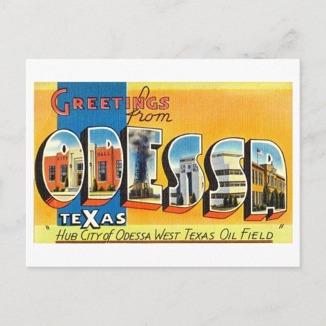 Vintage Grüße aus Odessa, Texas Postkarte (Vorderseite)