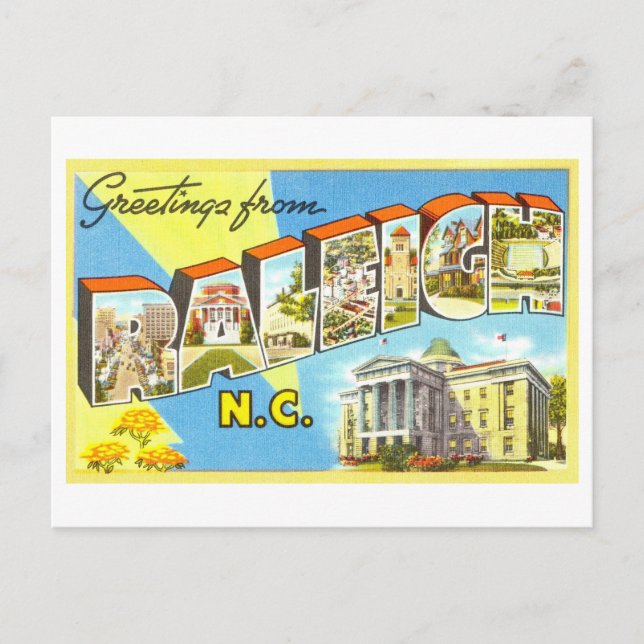 Vintage Grüße aus Raleigh, North Carolina Postkarte (Vorderseite)