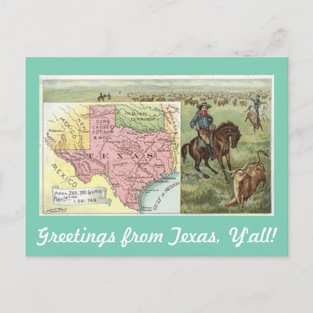 Vintage Grüße aus Texas Y'all Postkarte (Vorderseite)
