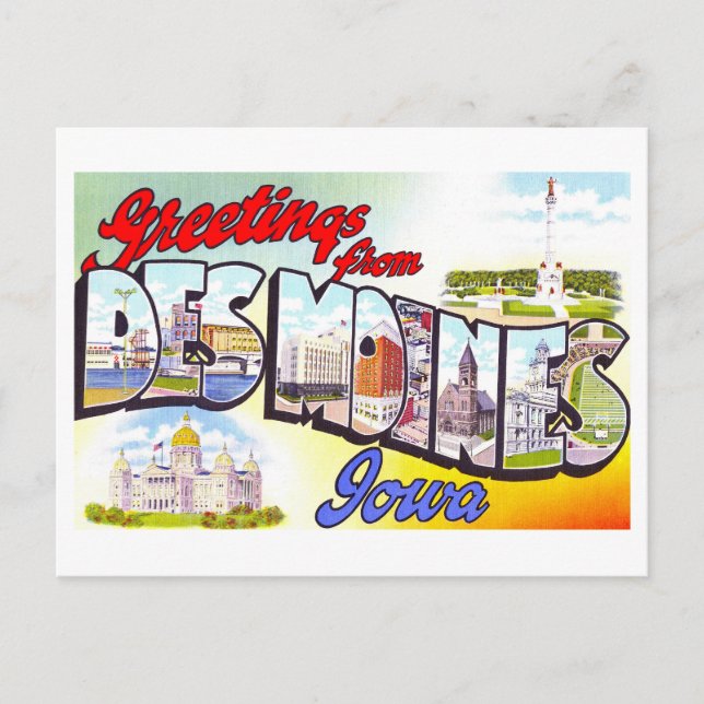 Vintage Grüße von Des Moines, Iowa, Postkarte (Vorderseite)