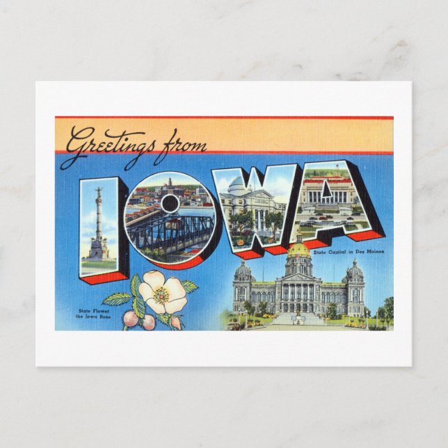 Vintage Grüße von Iowa Reiseplakat Postkarte (Vorderseite)