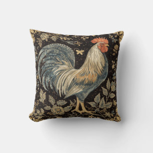 Vintage Hahn, Blumenmuster, schwarzer Hintergrund Kissen