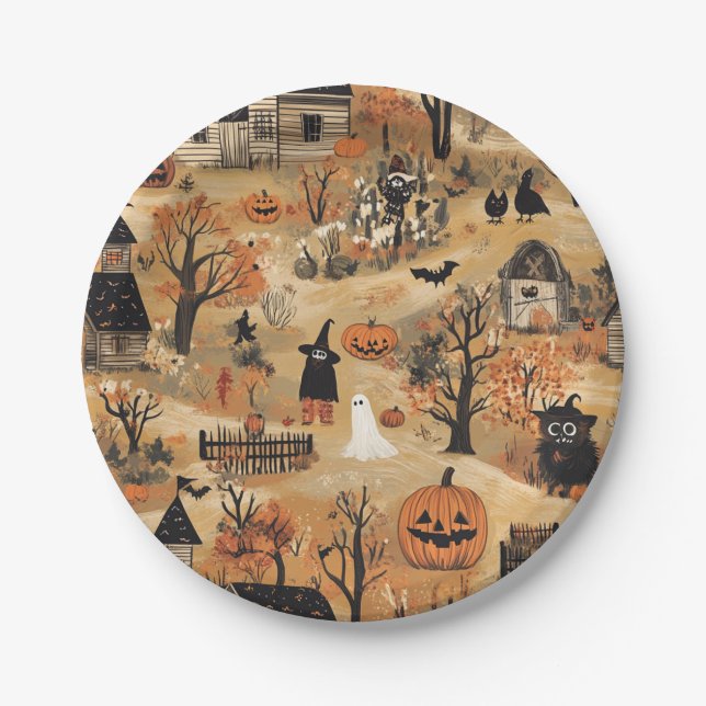 Vintage-Halloween-Bauernhofmuster Pappteller (Vorderseite)