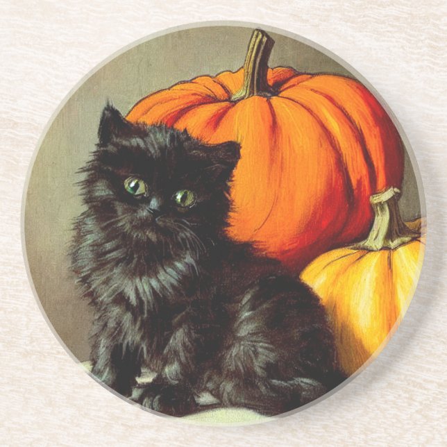 Vintage Halloween Black Cat und Pumpkins Getränkeuntersetzer (Vorne)