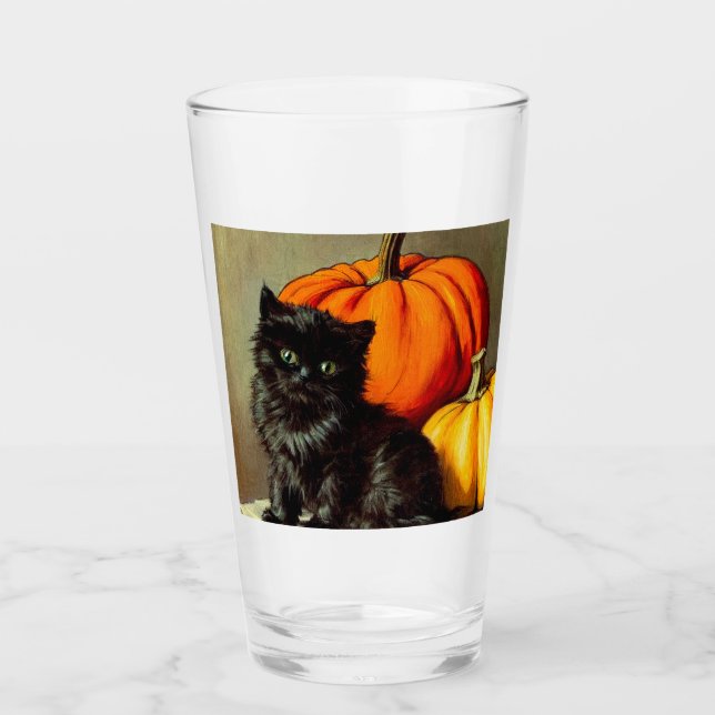 Vintage Halloween Black Cat und Pumpkins Glas (Vorderseite)