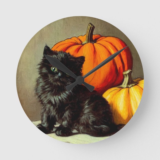Vintage Halloween Black Cat und Pumpkins Runde Wanduhr (Vorderseite)