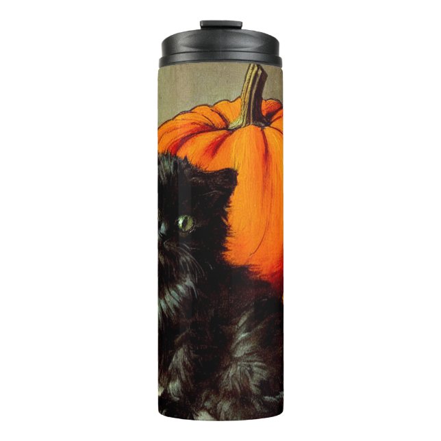 Vintage Halloween Black Cat und Pumpkins Thermosbecher (Vorderseite)