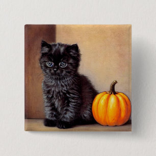 Vintage Halloween Black Kitten Illustration Button