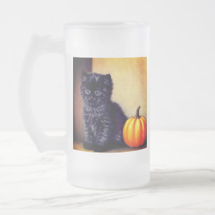 Vintage Halloween Black Kitten Illustration Mattglas Bierglas