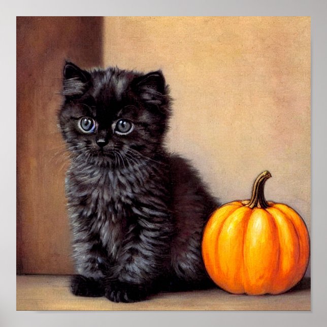 Vintage Halloween Black Kitten Illustration Poster (Vorne)