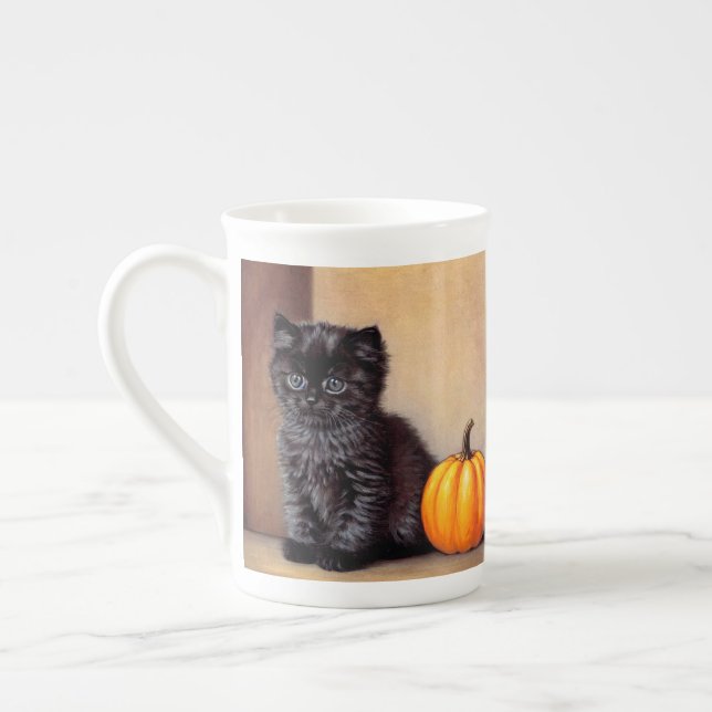Vintage Halloween Black Kitten Illustration Prozellantasse (Links)