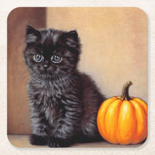 Vintage Halloween Black Kitten Illustration Rechteckiger Pappuntersetzer